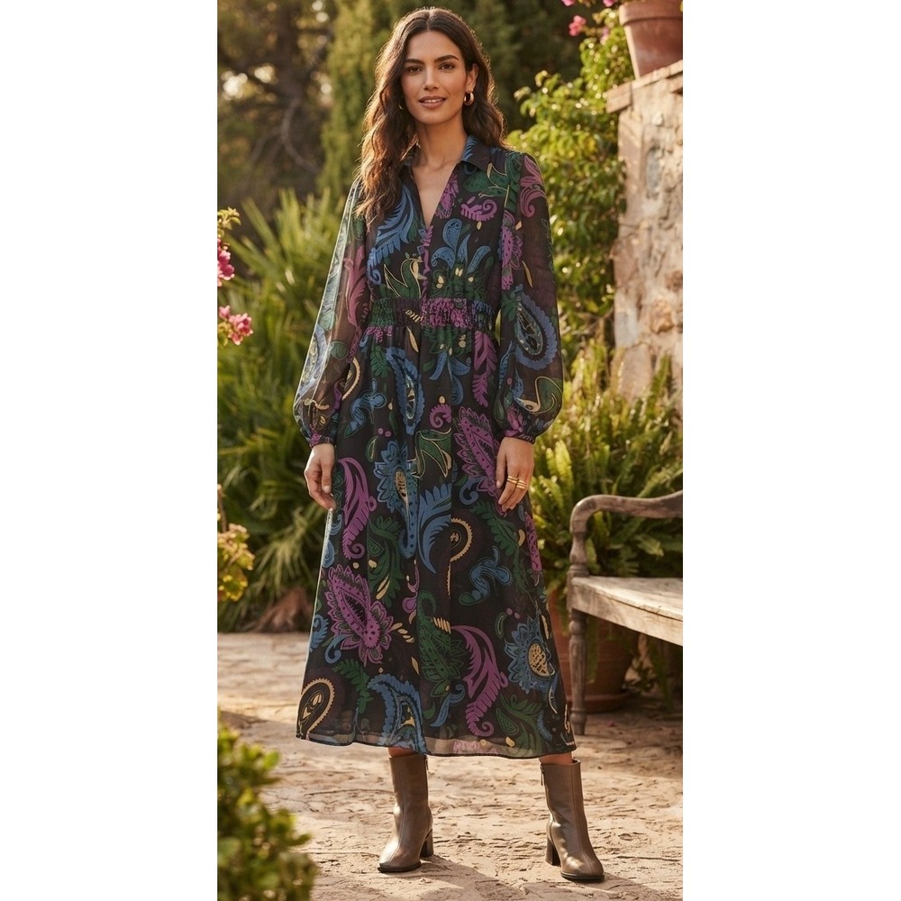 ZARA Paisley Floral Smocked Elastic Waist Maxi Dress Small Multicolor Boho Flowy